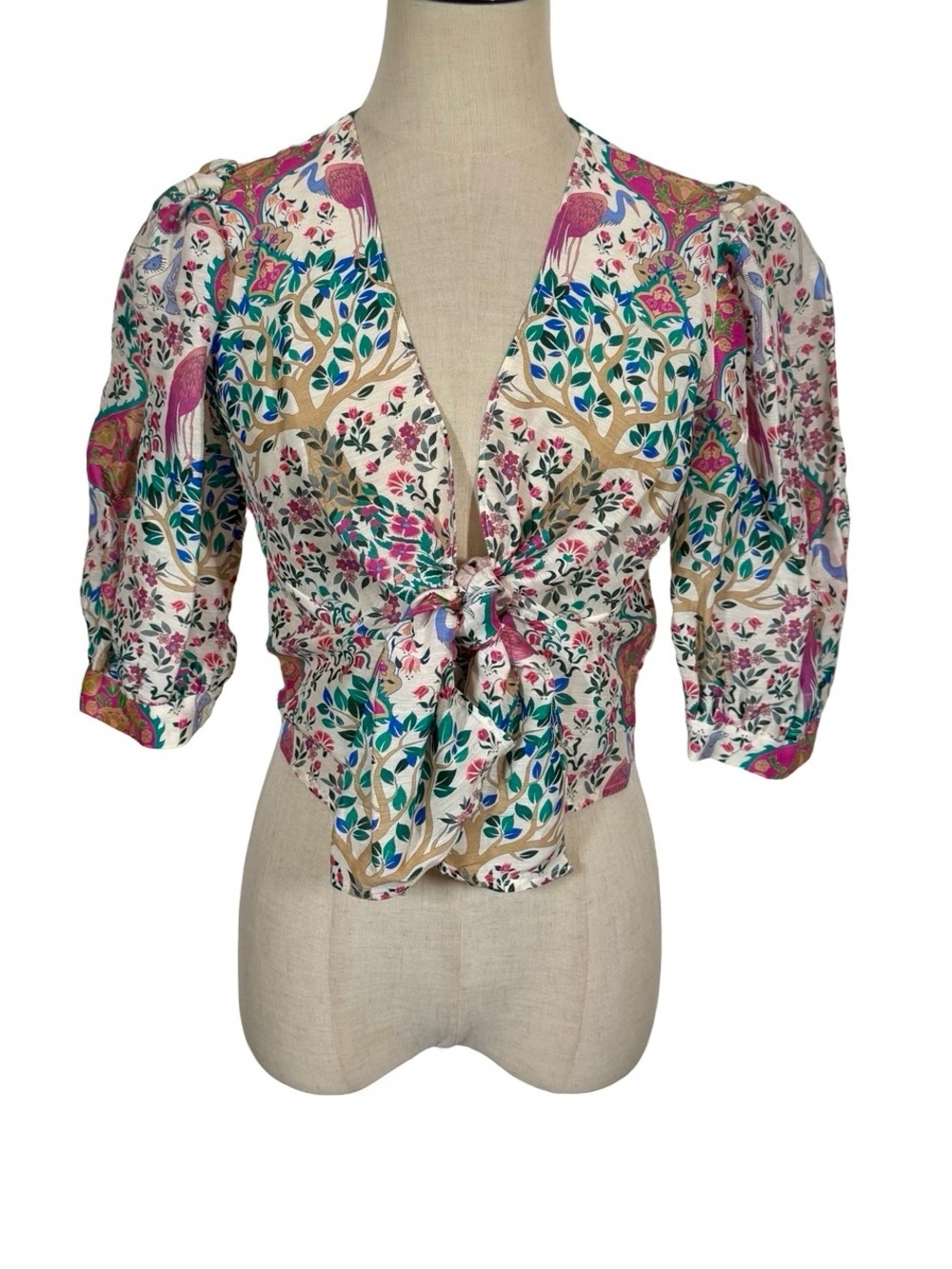 Sandro Iram Cropped Printed Linen and Silk Shantung Tie Top Sz:1/Small - Picture 6 of 16